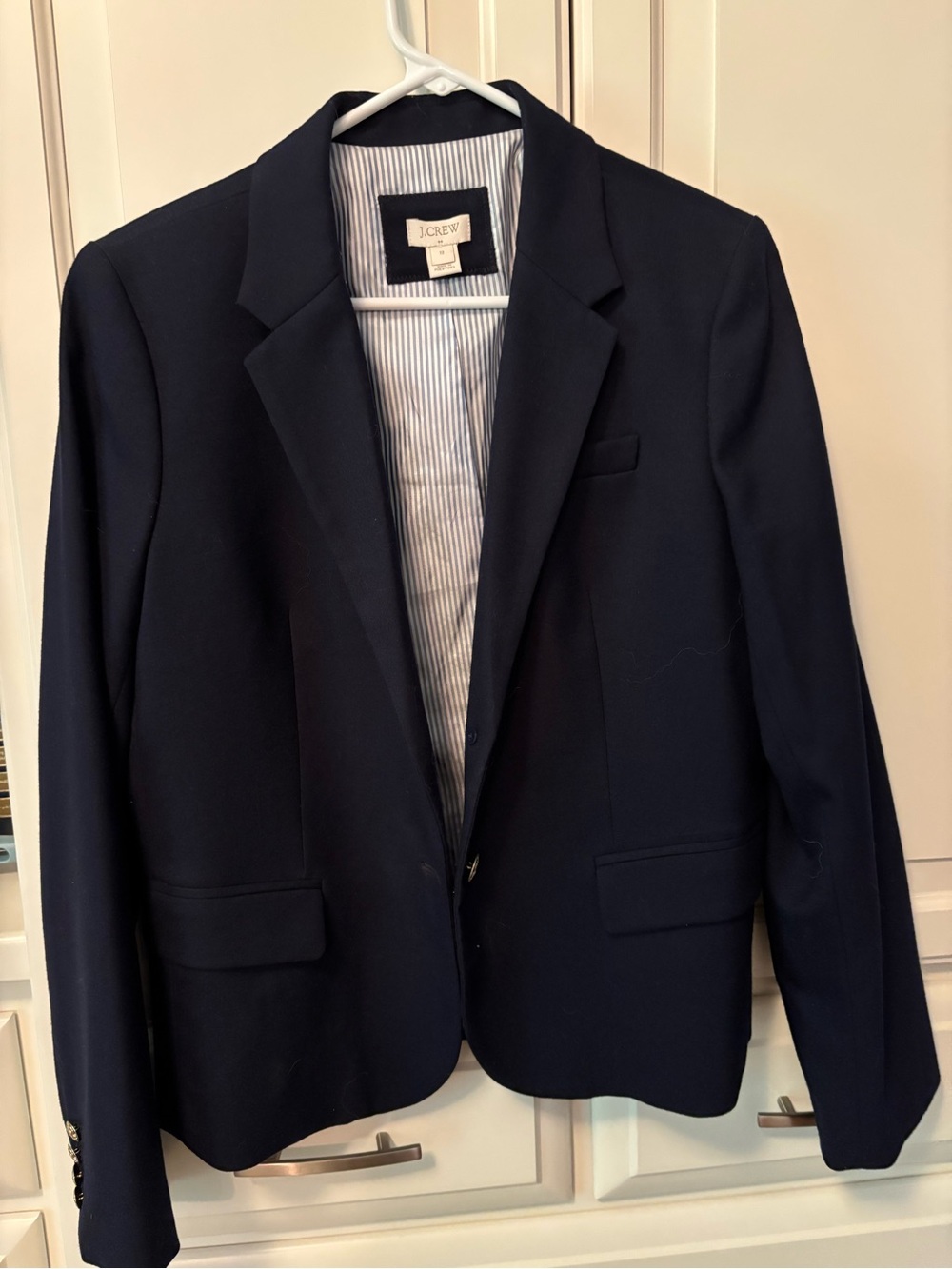 J. Crew Navy Blazer with Blue-White Striped Lining